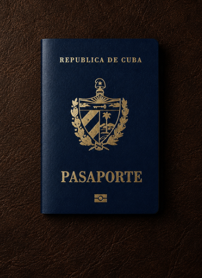 Pasaporte cubano: tapa azul marino con el escudo nacional y las palabras República de Cuba en dorado.